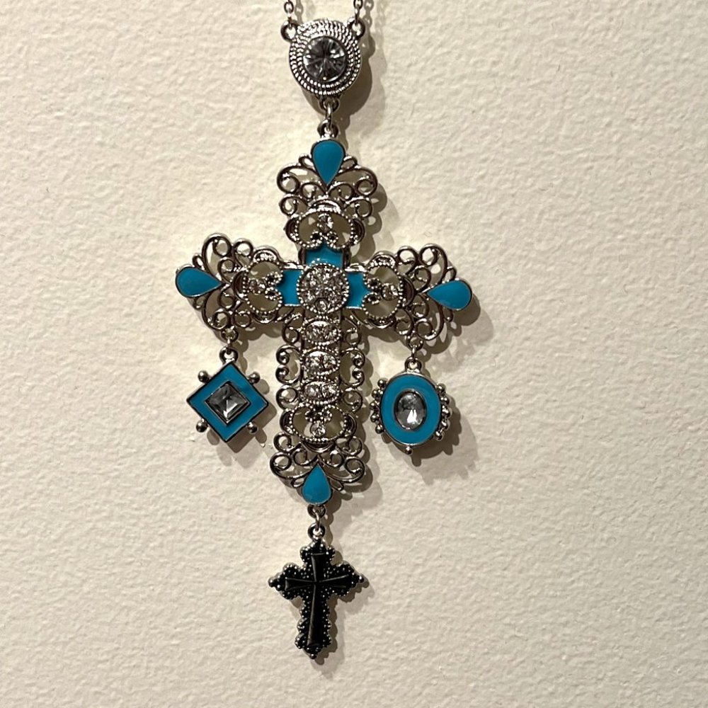 Ornate Cross Pendant with Long Chain with Beads Necklace
